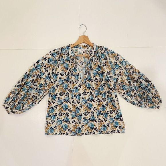 Love The Label Anthropologie Kaleesi Blue Floral Top Ruffle Sz S Boho Praise - Picture 5 of 9